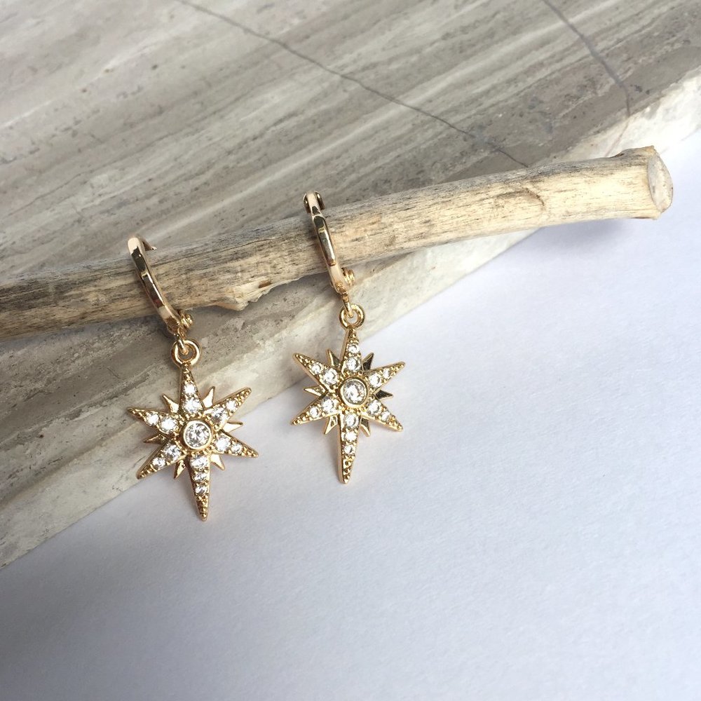 CZ stone Gold Starburst huggie Earrings - Picture 3 of 7